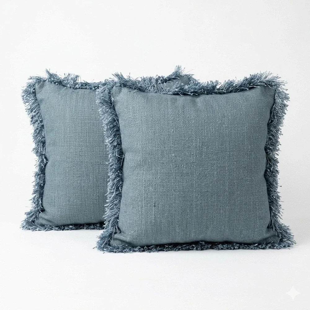 Pier 1 Teal Blue Fringed Throw Pillow Shams 19x19‎ Square Textured Set of 2